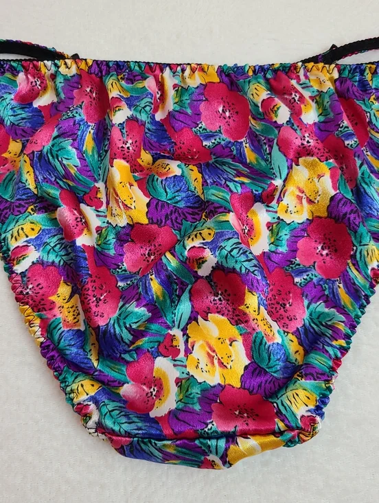 Vintage Silky Satin Vivid Colorful Floral Print String Bikini Panty Size Lg - Picture 3 of 5